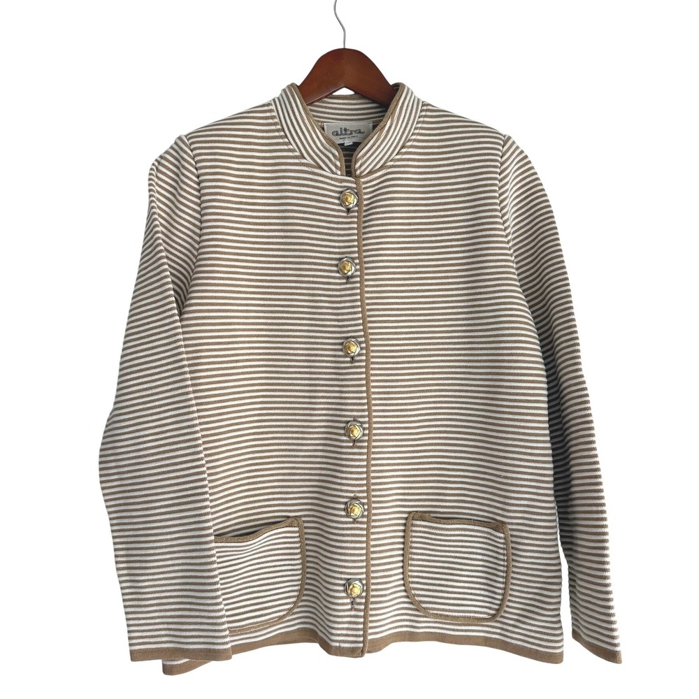 Altra Italy Womens XL Merino Virgin Wool Striped Mock Neck Button Cardigan Tan